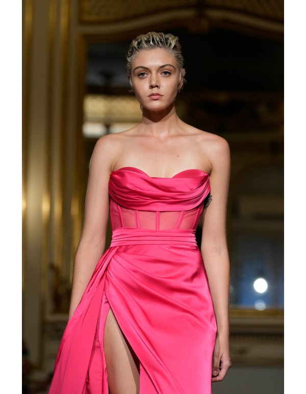 Long pink evening dress with high neckline and high leg slit 2