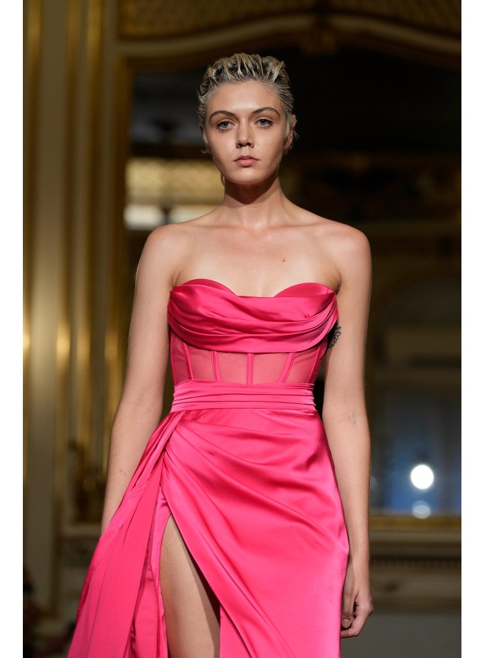 Long pink evening dress with high neckline and...