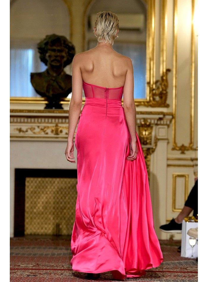 Long pink evening dress with high neckline and...