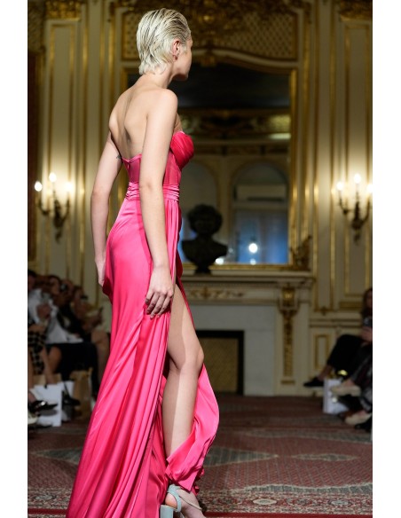 Long pink evening dress with high neckline and high leg slit