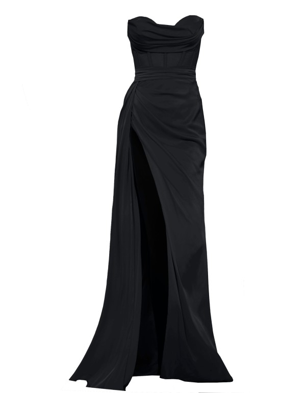 Long black evening dress with high neckline and high leg... 2