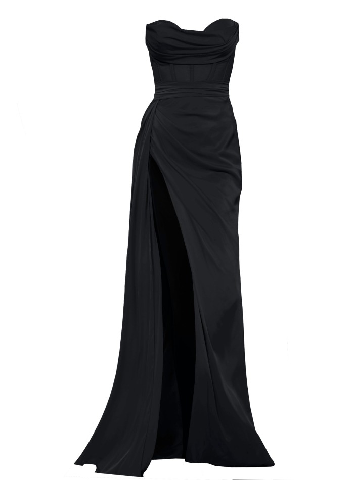 Long black evening dress with high neckline and...