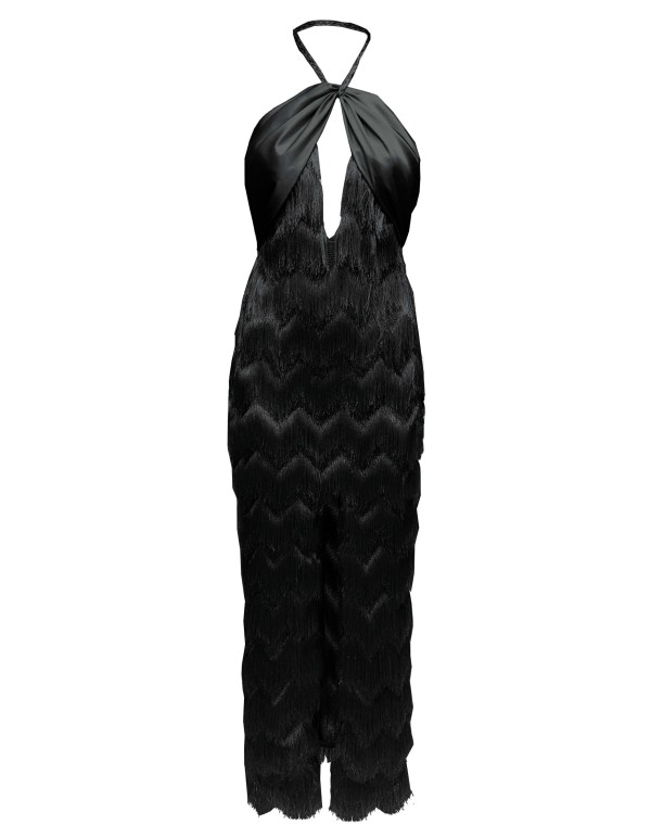 Vestido de escote halter negro con flecos en capas y...