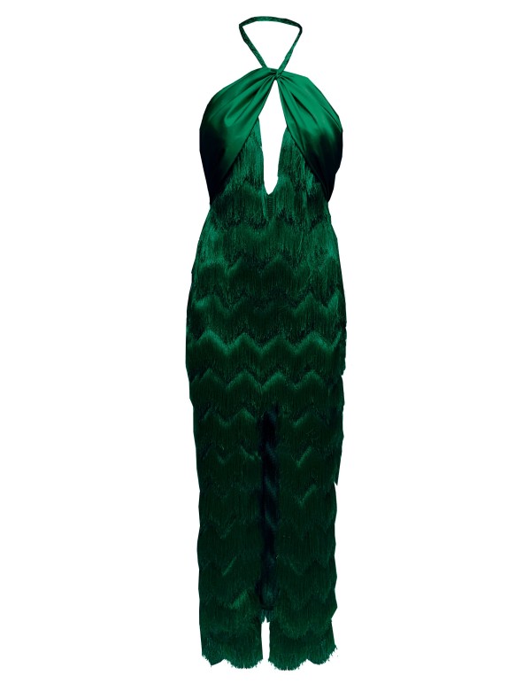 Vestido de escote halter verde esmeralda con flecos en...