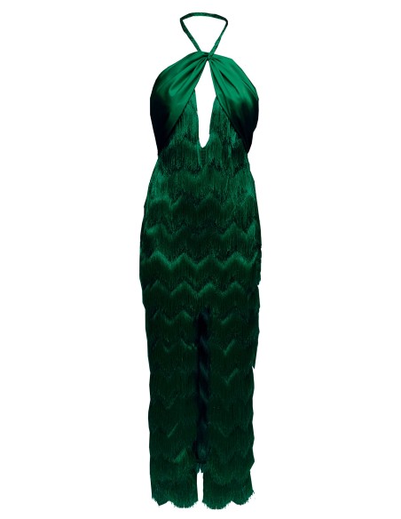emerald green halter neckline dress with layered fringe and plunging neckline