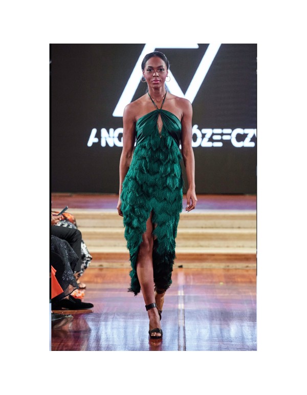 emerald green halter neckline dress with layered fringe... 2