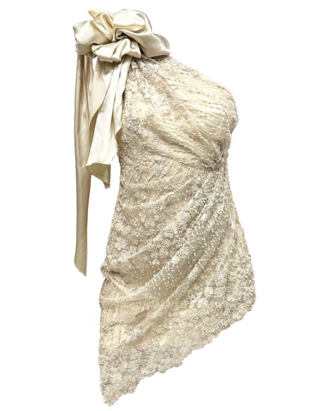 Asymmetrical couture dress with bow and floral embroidery in cream