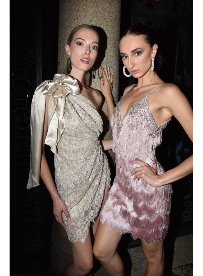 Asymmetrical couture dress with bow and floral...