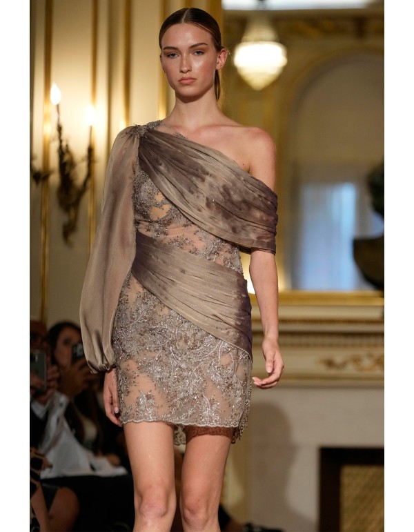 asymmetrical dress with embroidered details and gradient...