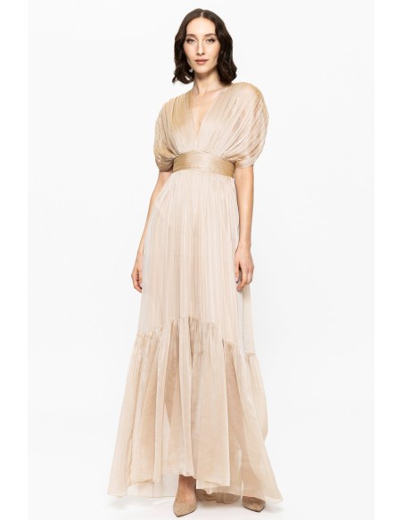 Vestido de fiesta beige de chiffon de seda con manga caída y volante