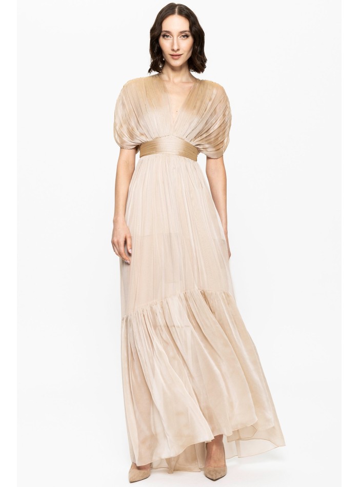 beige silk chiffon maxi dress with drop sleeves...