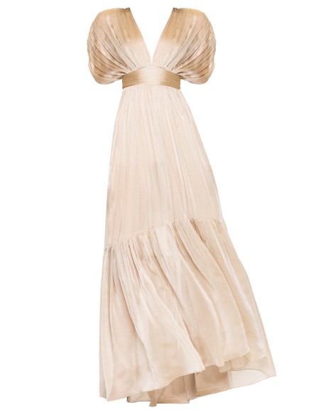 beige silk chiffon maxi dress with drop sleeves and ruffle