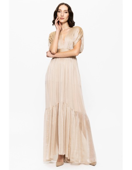 Robe de soirée en mousseline de soie beige à manches tombantes et volants