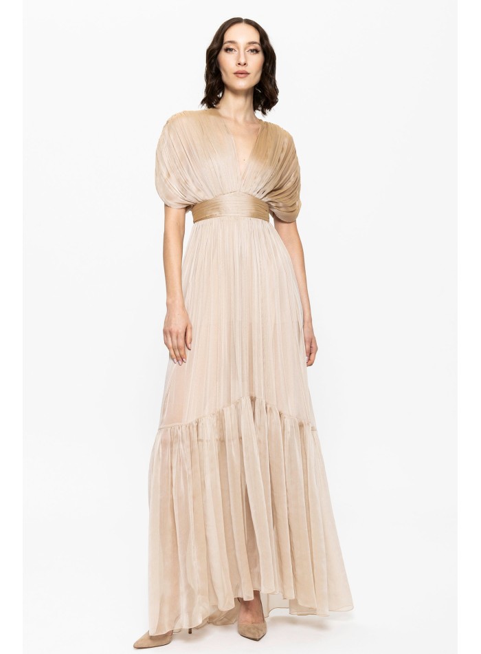 beige silk chiffon maxi dress with drop sleeves...