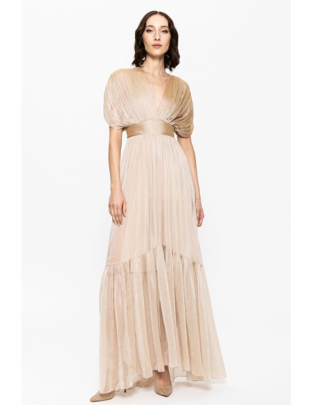 Robe de soirée en mousseline de soie beige à manches tombantes et volants