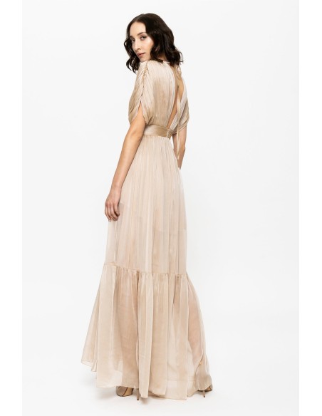 beige silk chiffon maxi dress with drop sleeves and ruffle