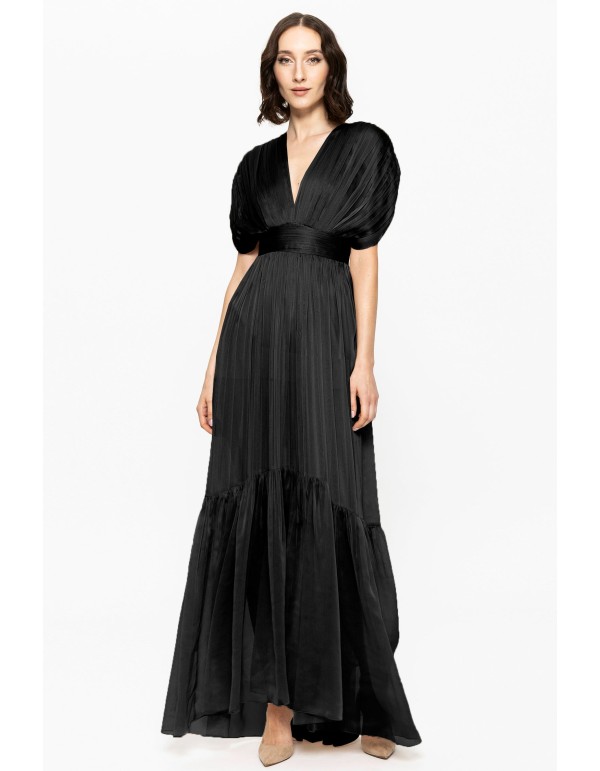 Black Silk Chiffon Maxi Dress with Drop Sleeves and Flounce