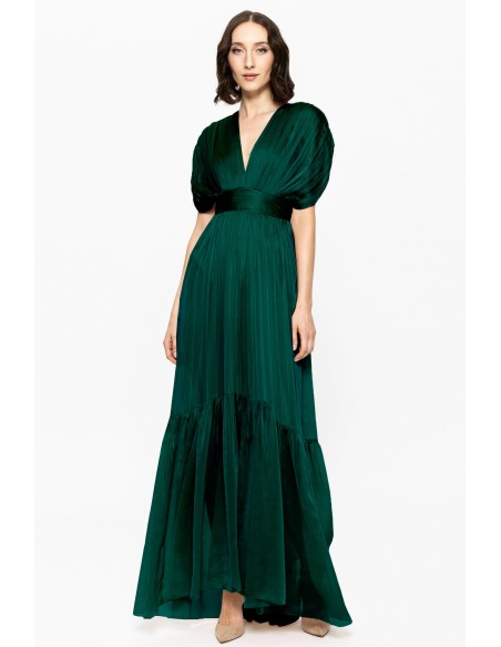 Vestido verde de chiffon de seda con manga caída y volante
