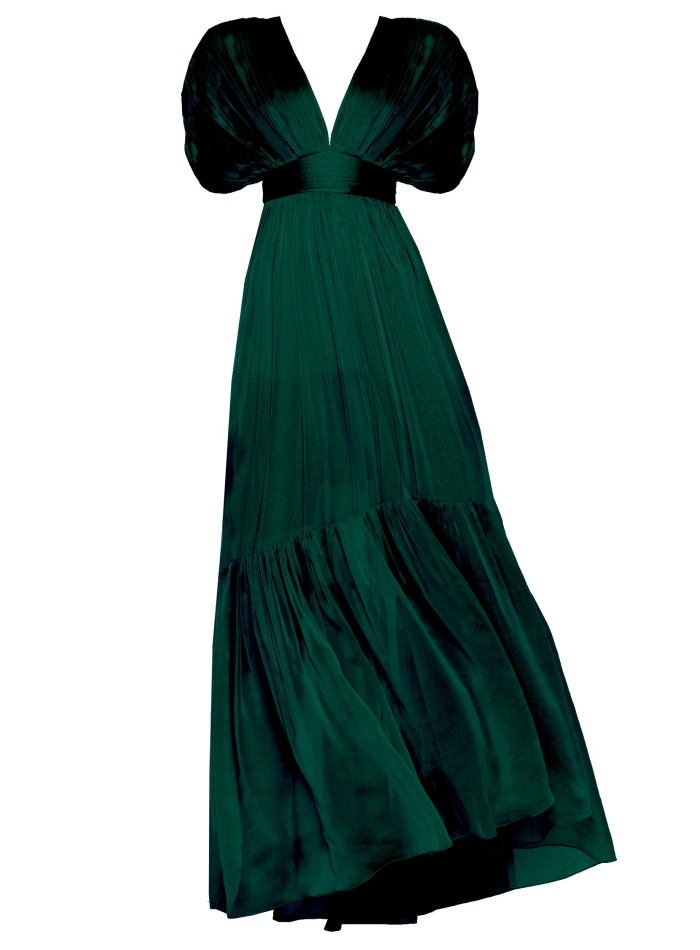 Green dress in silk chiffon with drop sleeves...
