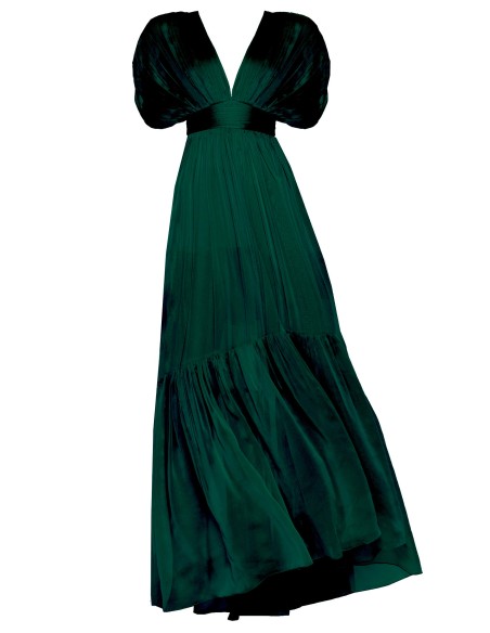 Vestido verde de chiffon de seda con manga caída y volante