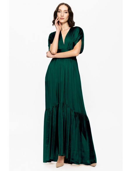 Vestido verde de chiffon de seda con manga caída y volante