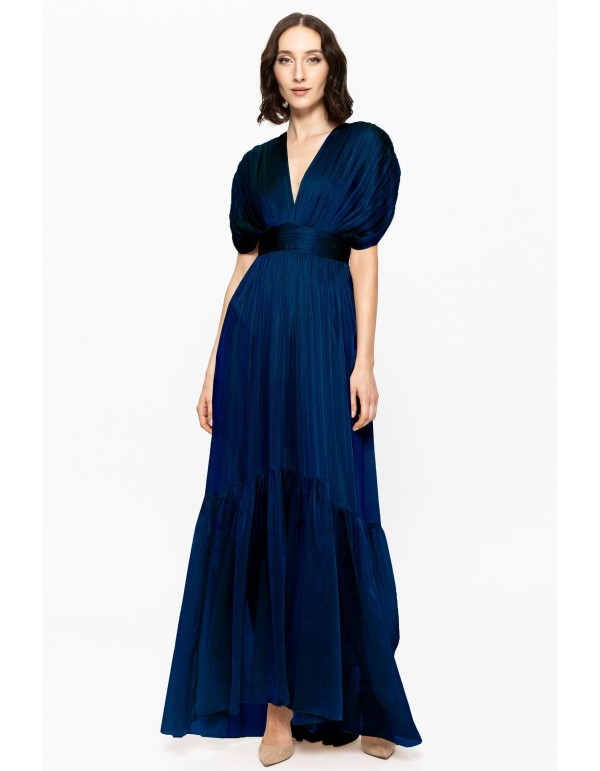 blue silk chiffon dress with drop sleeves and ruffle