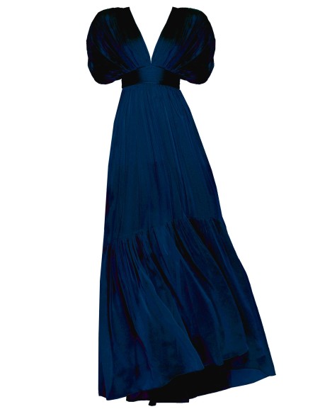 Robe en mousseline de soie bleue à manches tombantes et volants