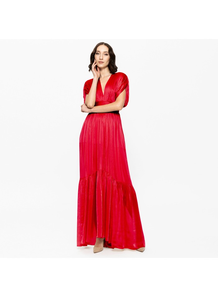 Vestido rojo de chiffon de seda con manga caída...