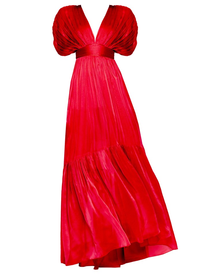 red silk chiffon dress with a drop sleeve and...
