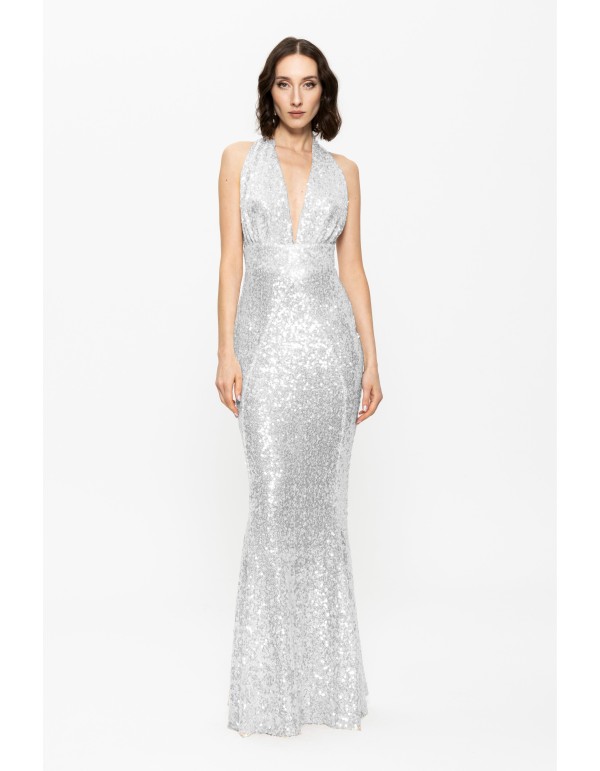 Robe à sequins argentés avec décolleté en V et encolure...