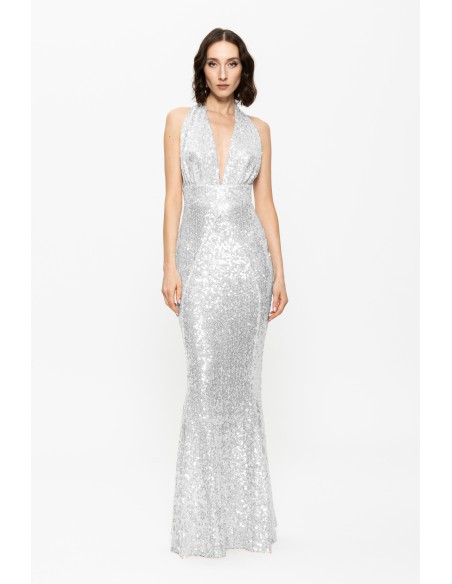 silver sequinned dress with a fitted plunging neckline