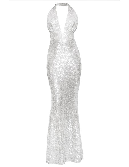 Robe à sequins argentés avec décolleté en V et encolure moulante