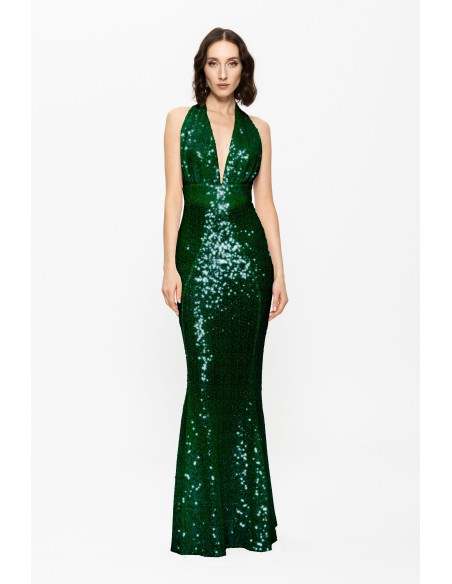 emerald green sequined open back dress
