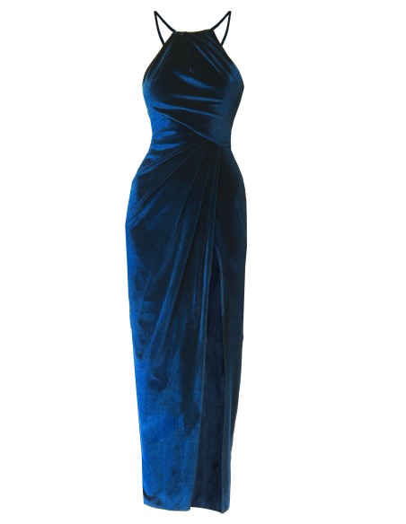 blue velvet dress with side slit and halter neckline