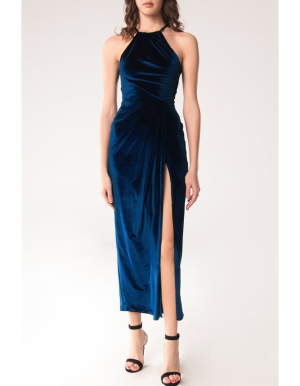 blue velvet dress with side slit and halter neckline