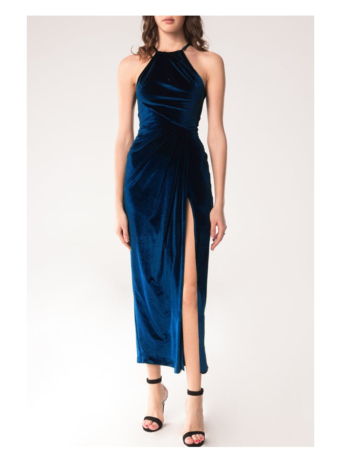 blue velvet dress with side slit and halter...