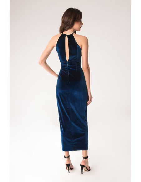 blue velvet dress with side slit and halter neckline