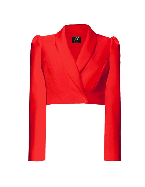Red Cropped Long Sleeve Blazer with Puffed Effect