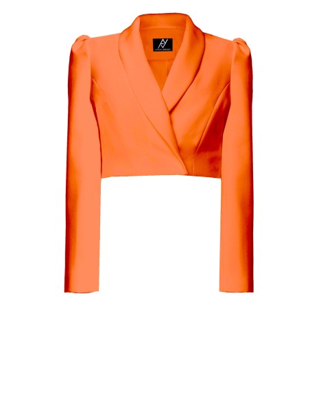 Short orange blazer with long, puffed sleeves