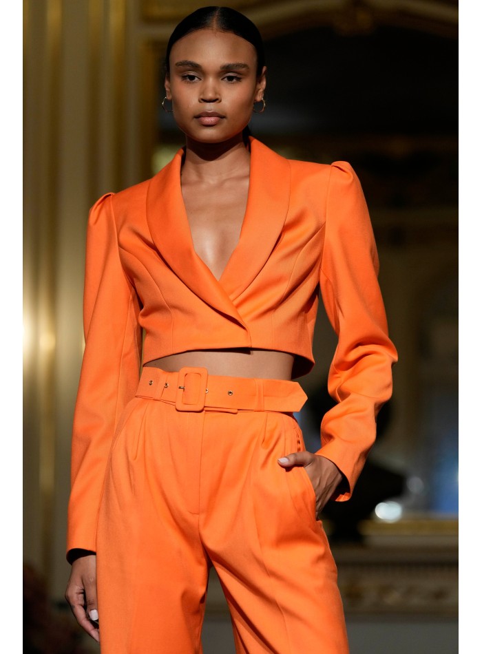 Orange high-waisted palazzo suit trousers