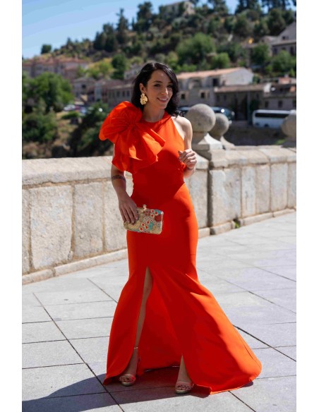 Vestido largo de fiesta con maxi lazada al hombro