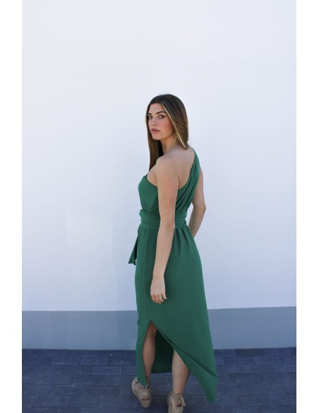 Midi dress with multiposition shawl and asymmetrical neckline