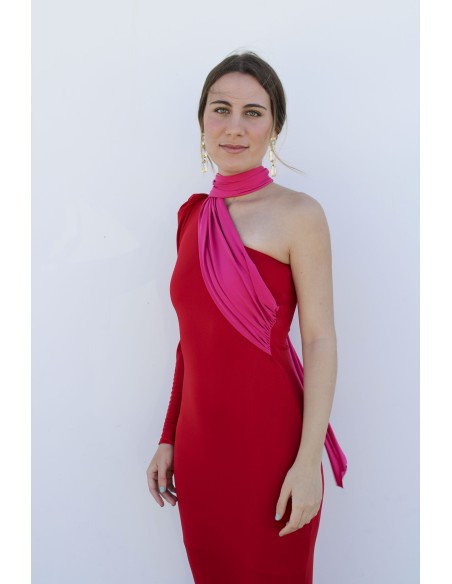 Vestido de fiesta largo bicolor con fular multiposición