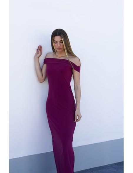 Vestido de fiesta largo para invitada con escote bardot