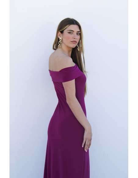 Robe longue de soirée pour invitée avec encolure bardot
