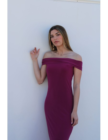 Robe longue de soirée pour invitée avec encolure bardot