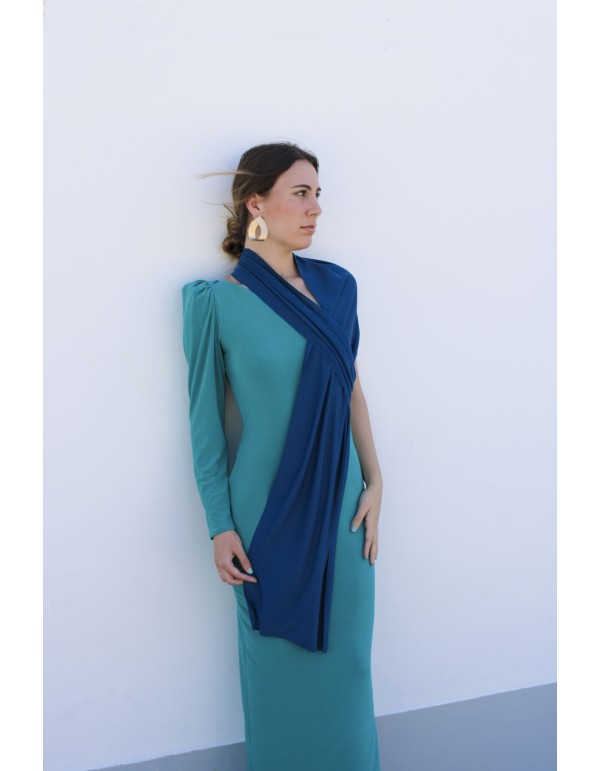 Long party dress with asymmetrical neckline and multiposition sling