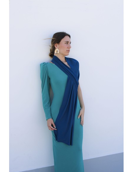 Long party dress with asymmetrical neckline and multiposition sling