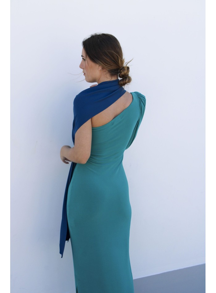 Long party dress with asymmetrical neckline and...