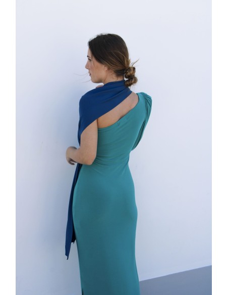 Long party dress with asymmetrical neckline and multiposition sling